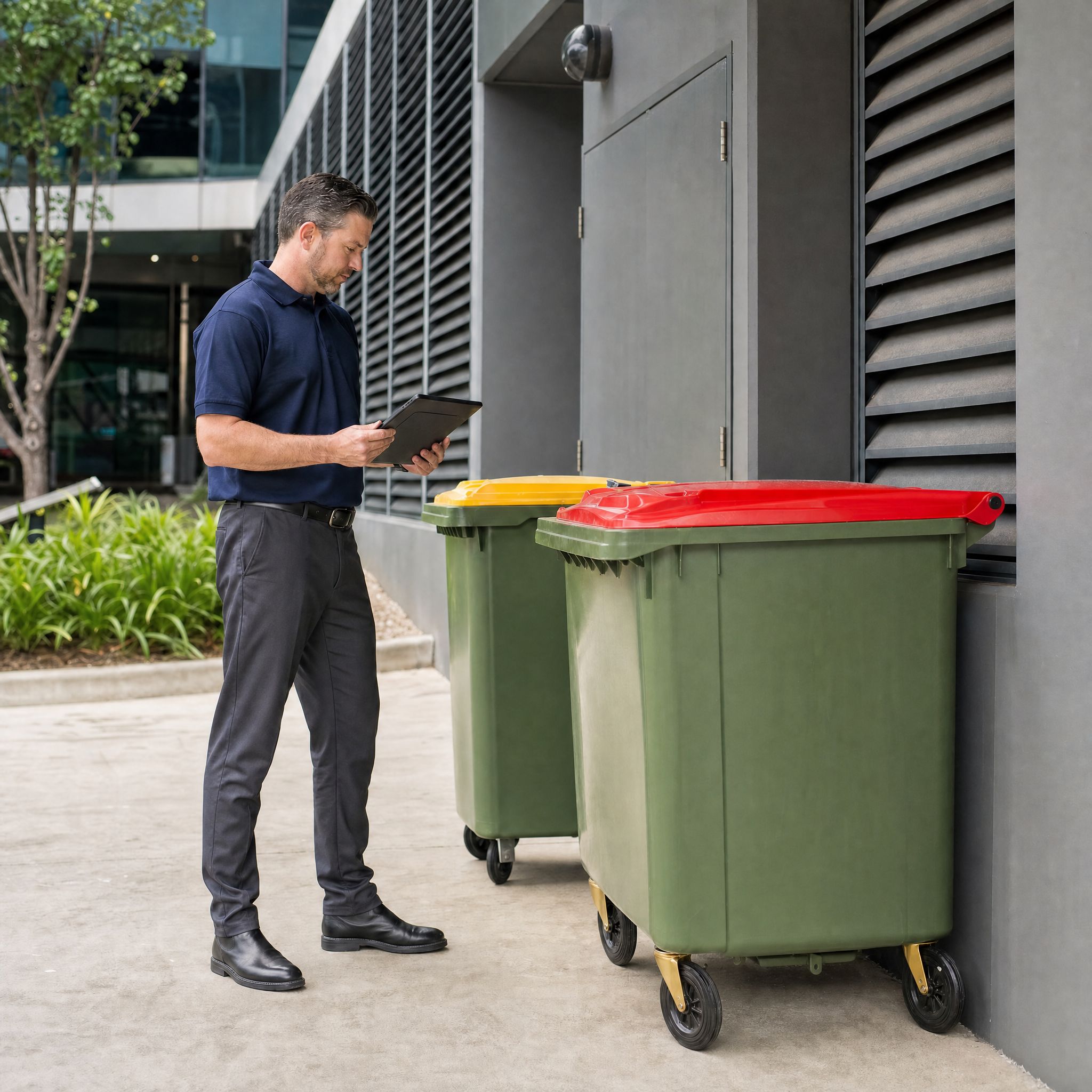 Account manager checking a tablet beside red and yellow lid commercial bins outside an office building