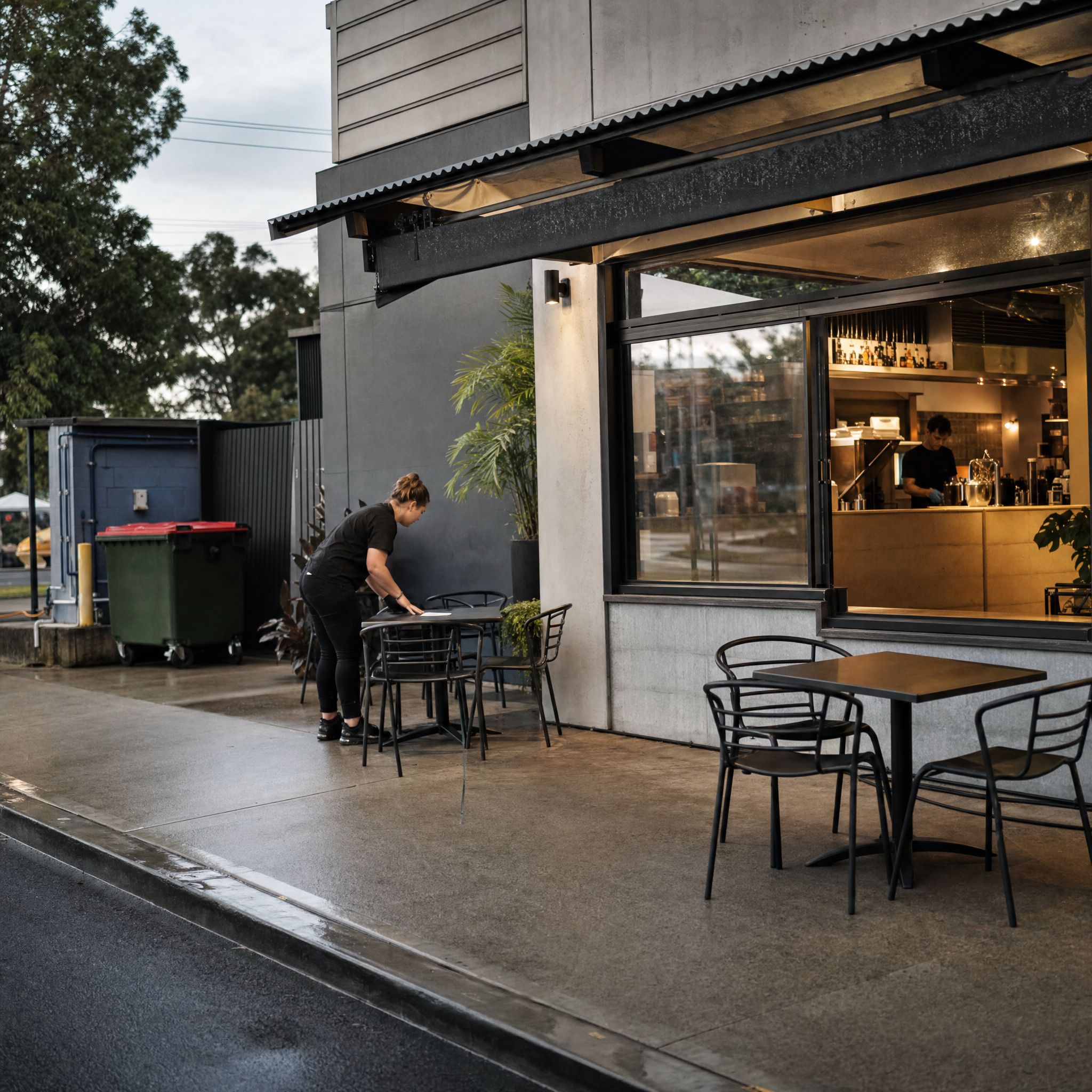 Café staff setting outdoor tables at dawn, bins in the laneway behind