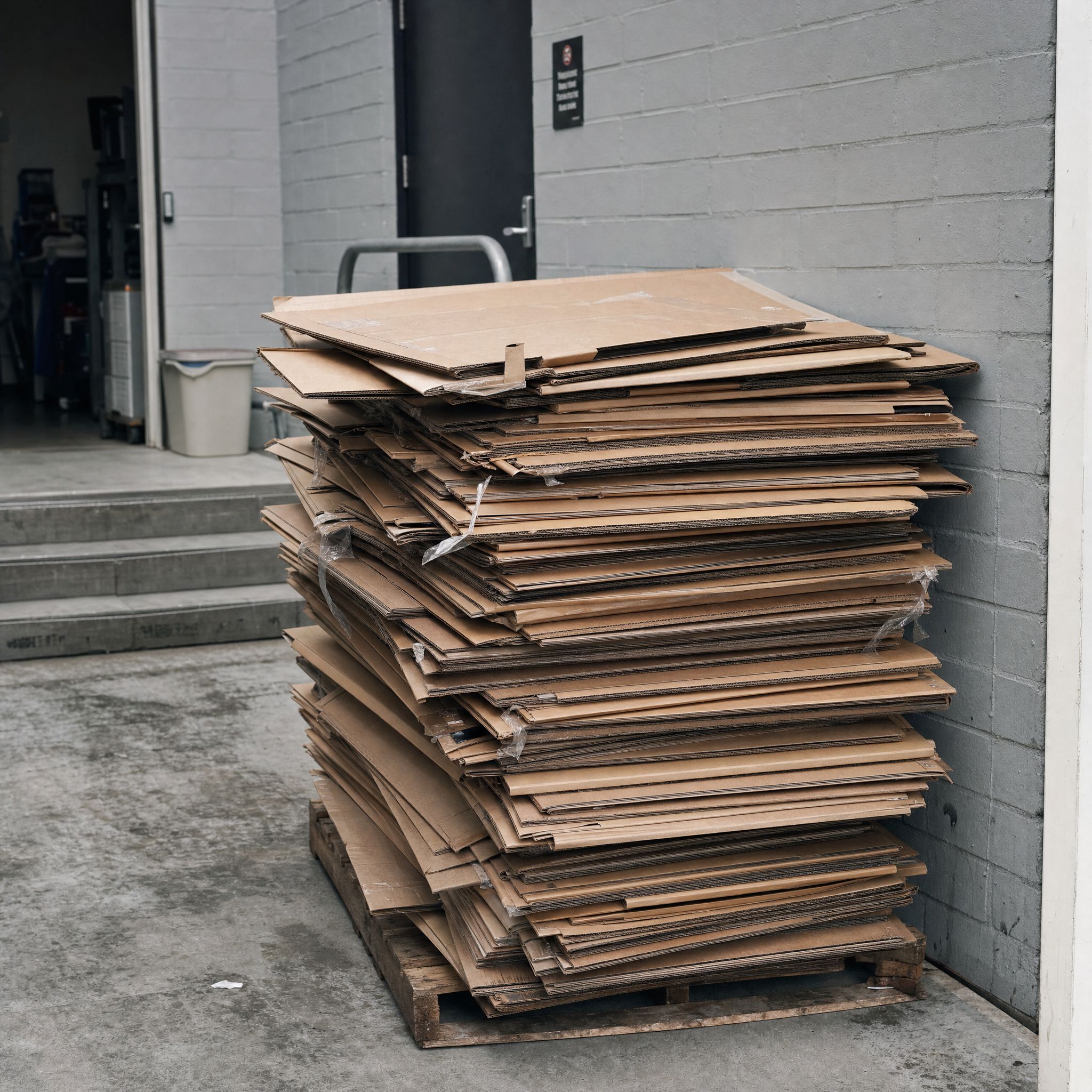 Flattened cardboard stacked on a pallet behind a store