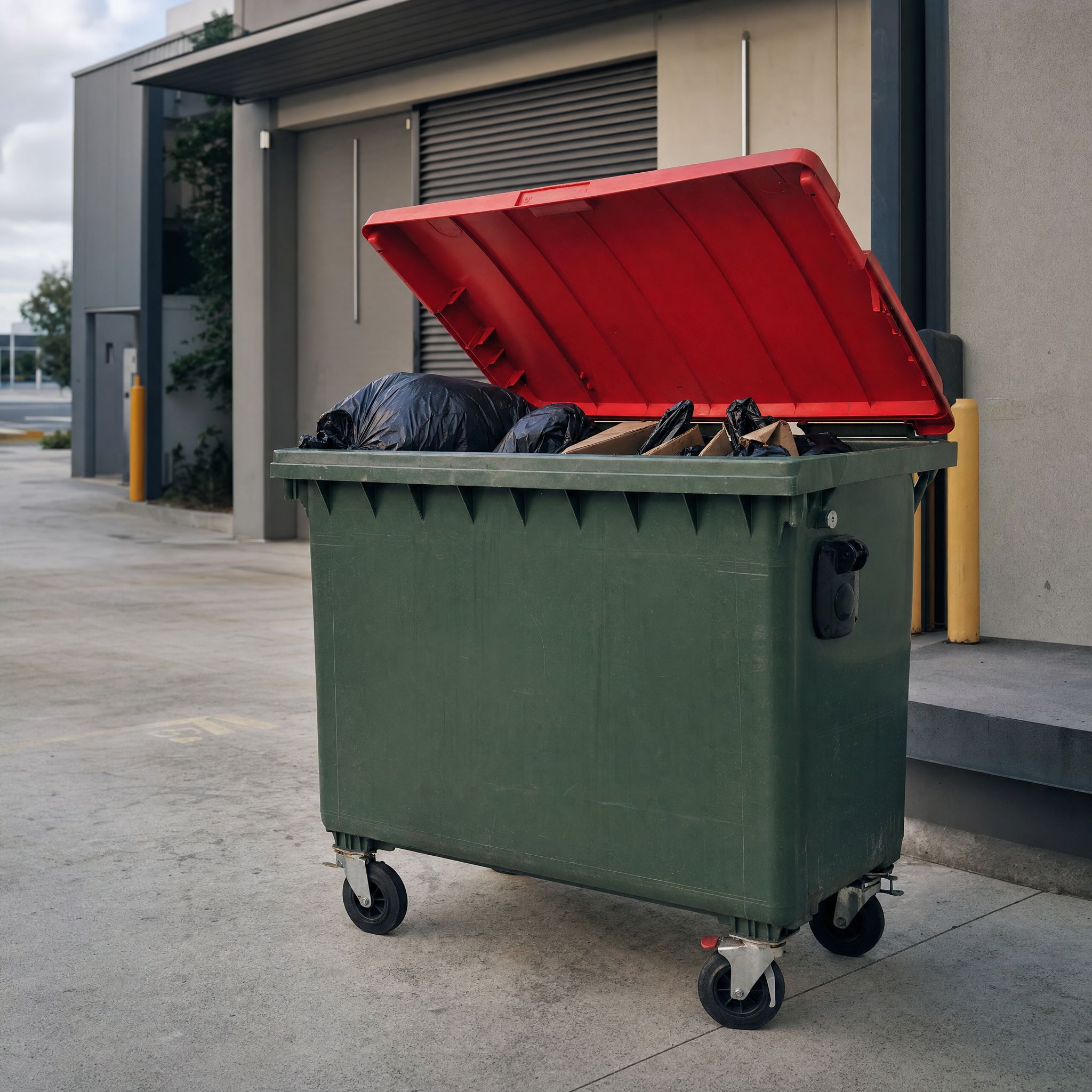 Red-lid general waste bin outside a commercial roller door