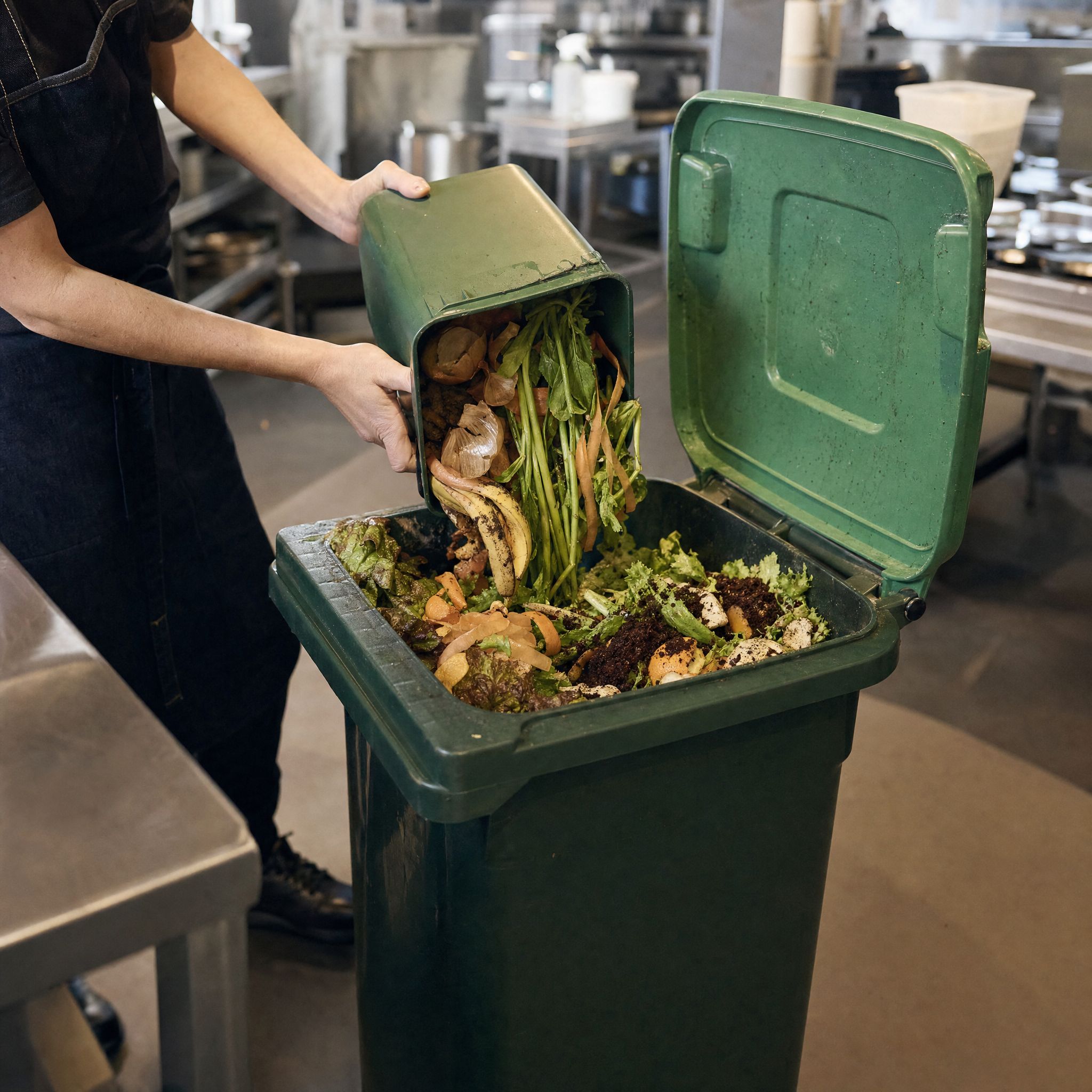 Kitchen hand emptying a food organics caddy into a green bin