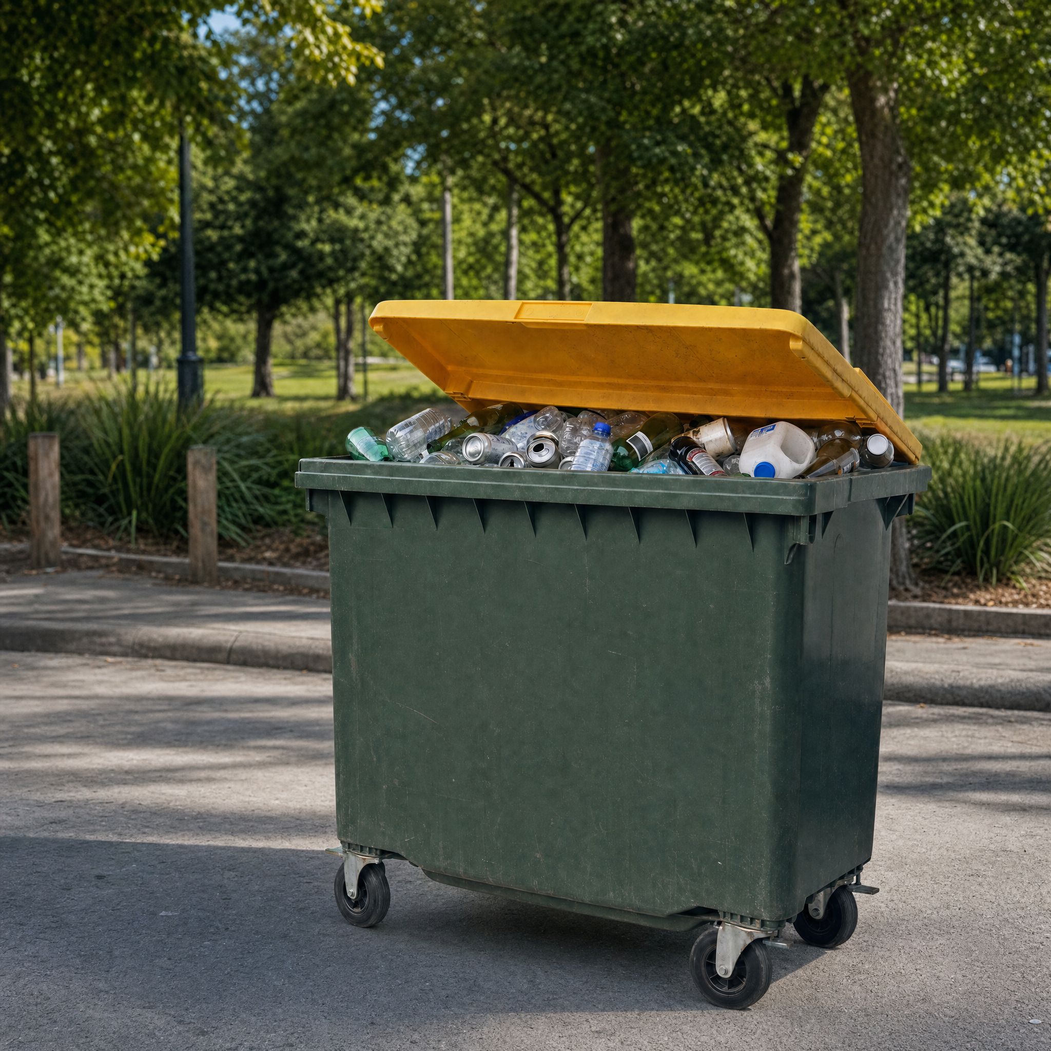 Yellow-lid mixed recycling bin with bottles and cans